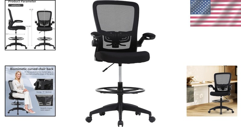Mid-Back Drafting Chair with Breathable Mesh & Easy Assembly - B-Black gallery