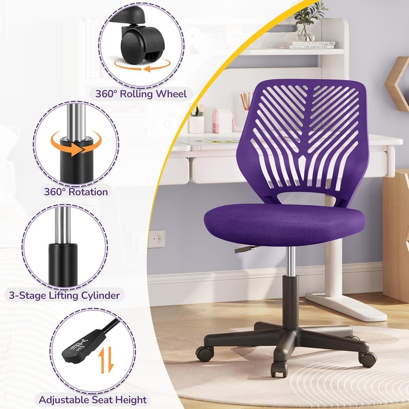 Students Cute Desk Chair Low-Back Armless Study Chair w/Lumbar Support gallery