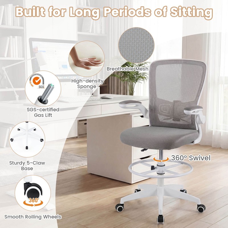 Home Office Drafting Chair w/Flip-Up Armrests Adjustable Footrest Ring for Study gallery