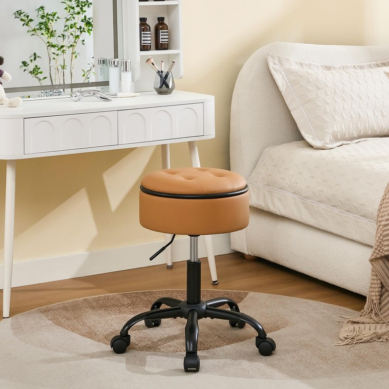FIRAVOE Vanity Stool with Wheels (Chair 1PCS ( 20.67’’-24.61’’), Camel Brown