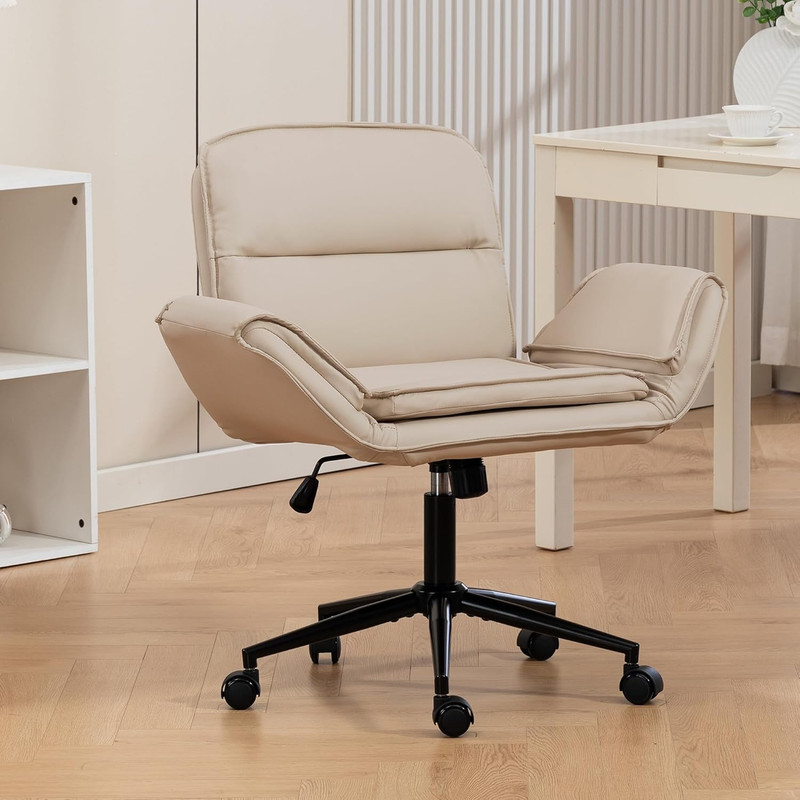 Ergonomic Criss Cross Chair with Adjustable Armrests and Wheels - Beige PU