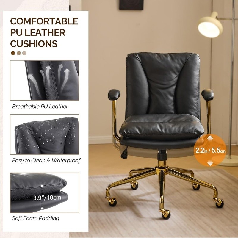 Ergonomic Office Chair W/ Gold Armrests Memory Foam Adjustable Height Casters US gallery