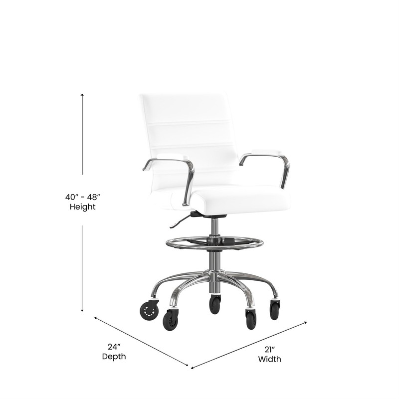Drafting Chair with Roller Wheels Adjustable Foot Ring - White LeatherSoft gallery
