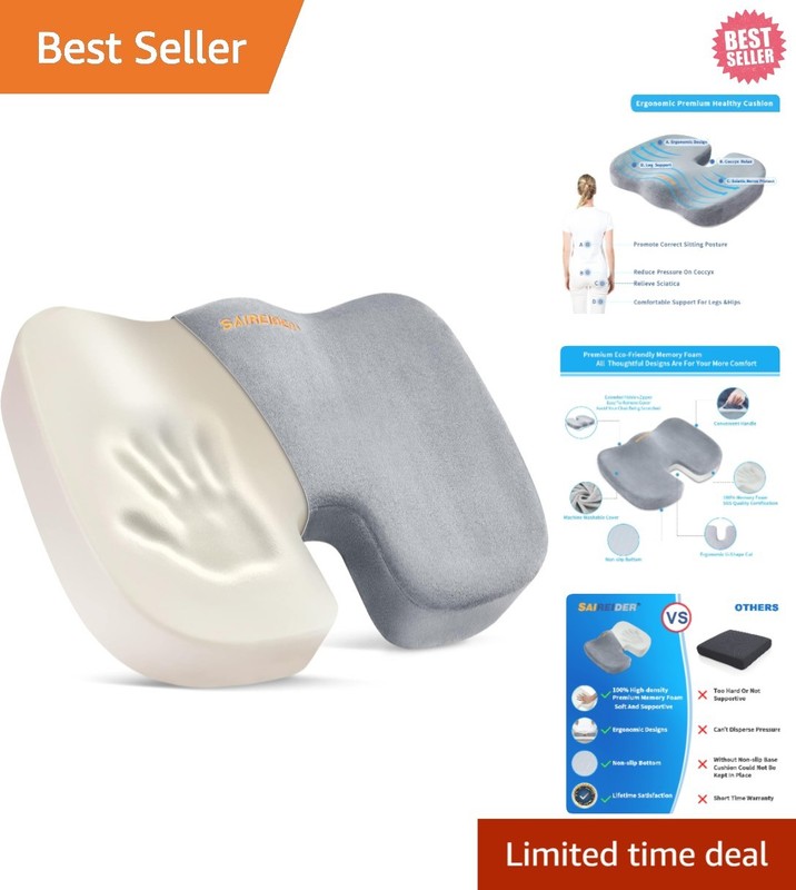 Ergonomic Memory Foam Seat Cushion for Tailbone Pain Relief and Comfort – Grey