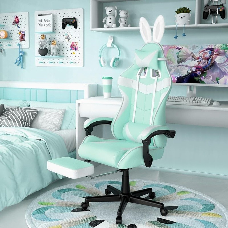 Cute Gaming Chair Bunny Ears Ergonomic Adjustable Footrest Comfort Decor New gallery