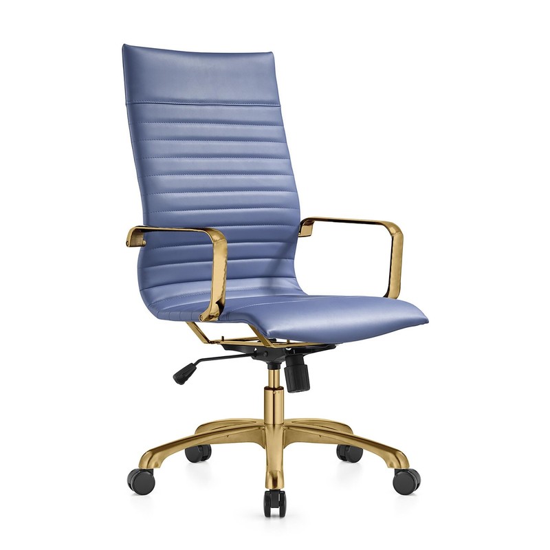 Pemberly Row High-Back Leather Office Chair With Gold Frame in Navy Blue