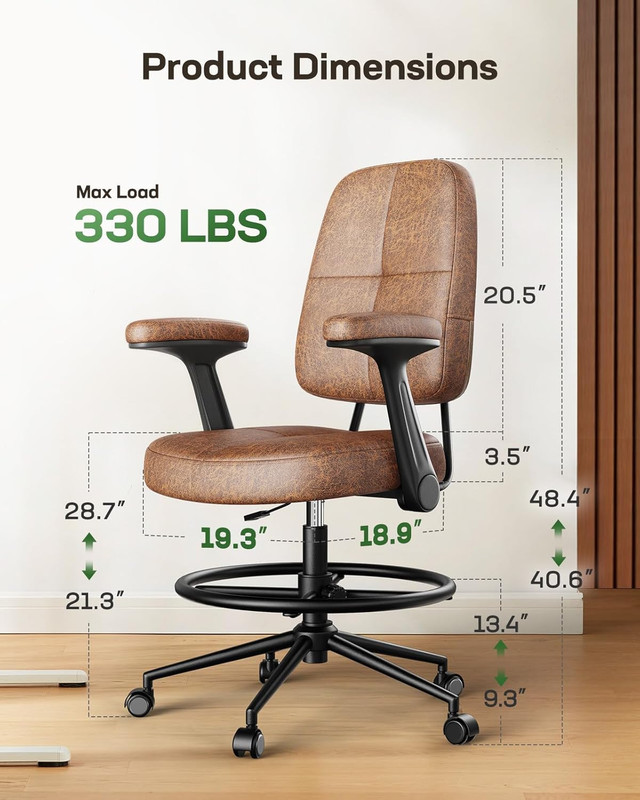 Drafting Chair with Flip-Up Armrests and Footrest, Ergonomic Tall Office Chair, gallery