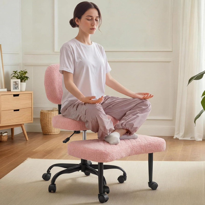 Adjustable Ergonomic Cross Legged Office Chair with Wheels - Pink Teddy Fleece