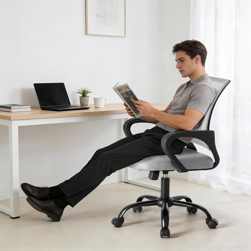 Comfortable Grey Office Chair, Ergonomic Mid Back with Rocking Mode & Armrests gallery