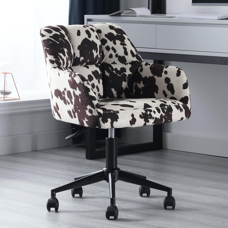 Cow Print Desk Chair Velvet Office Chair, 360° Swivel Work Chair with Mid Back S