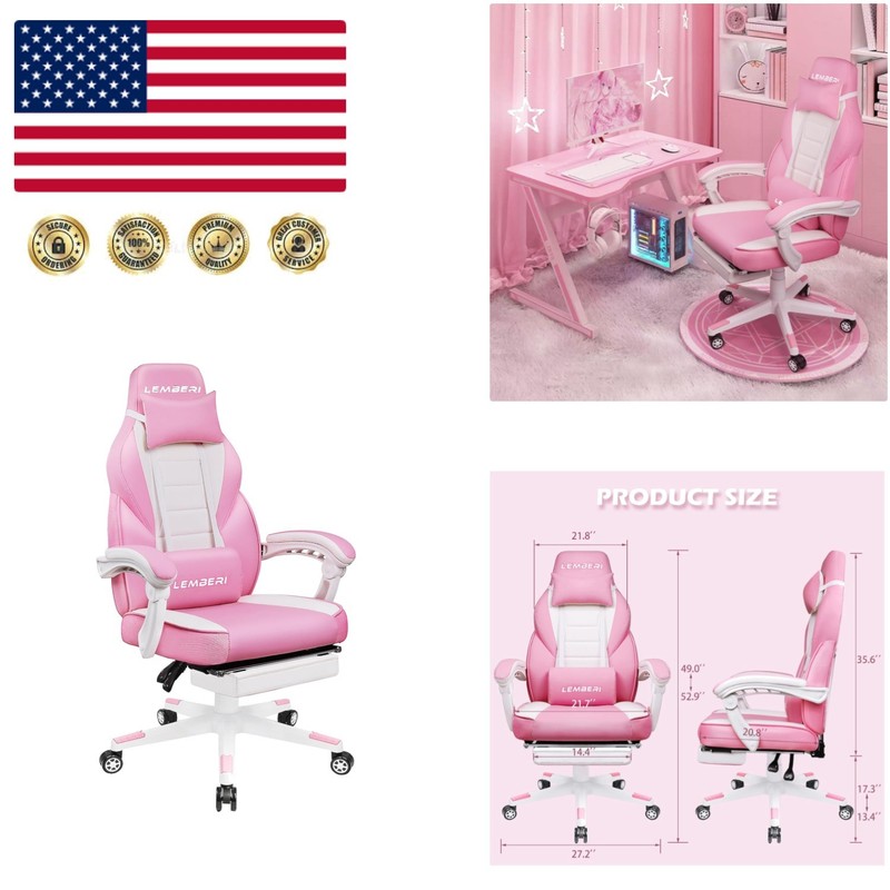 Ergonomic Cute Pink Gaming Chair for Girls with Footrest & Adjustable Features