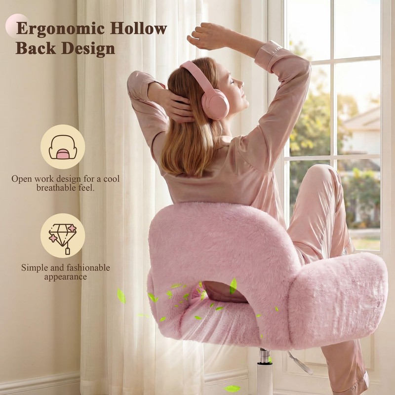 Vanity Chair with Round Hollow Back, Pink Desk Chair with Arms & Wheels, Cute... gallery