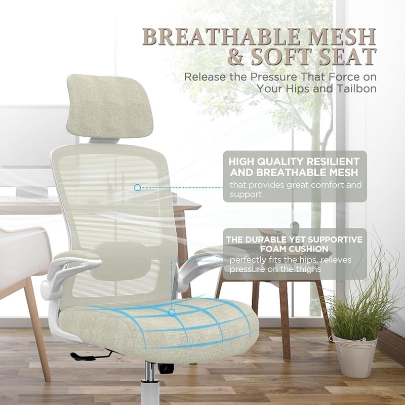 Deluxe Office Chair Beige Swivel Adjustable Lumbar Headrest Flip Arms gallery