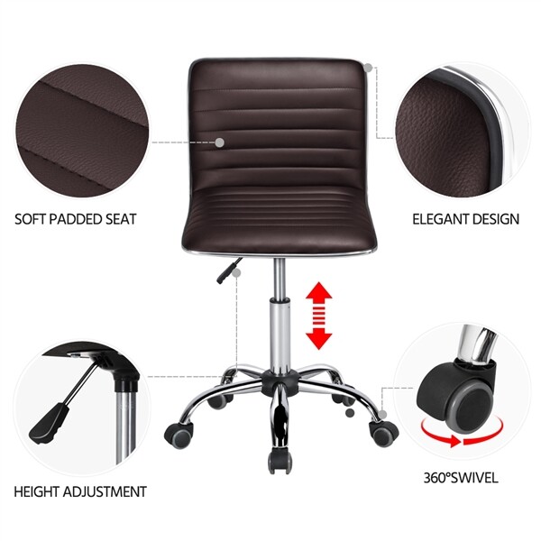 Leather Office Chair Low Back Armless Task Chair Rolling Makeup Chair, Brown gallery