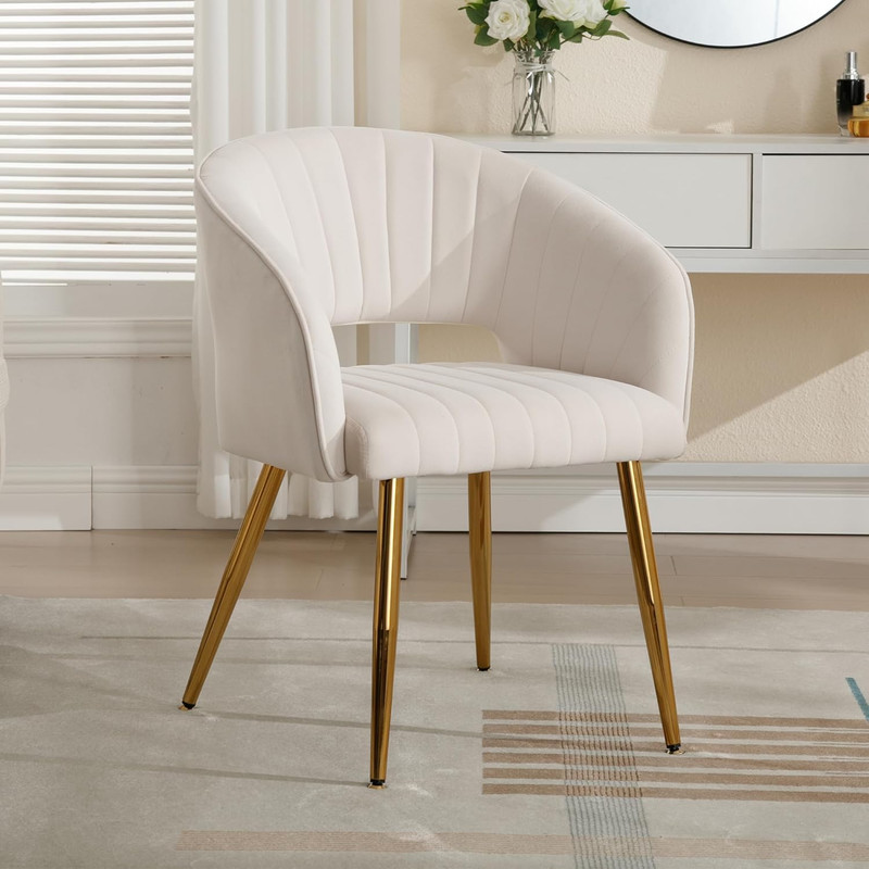 Desk Chair No Wheels, Velvet, Gold Legs, Off-White Cream, for Vanity
