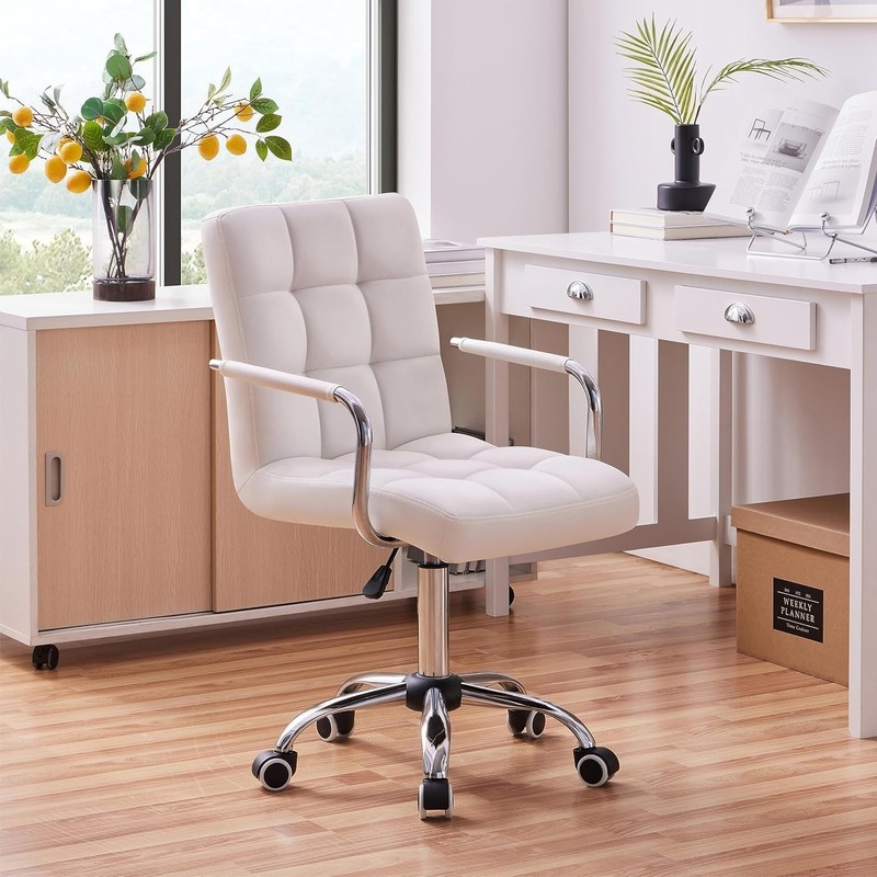 Modern White Desk Chair with Wheels, Armrests & 360° Swivel - Adjustable PU Leat gallery
