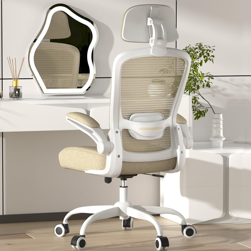 Deluxe Office Chair Beige Swivel Adjustable Lumbar Headrest Flip Arms gallery