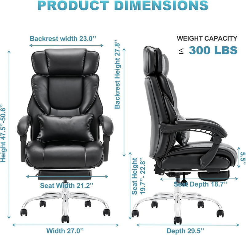Ergonomic Office Chair with Footrest, Reclining High Back, Black Leather gallery