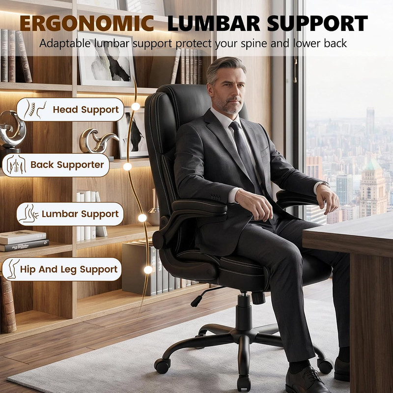 Ergonomic High Back PU Leather Office Chair with Flip-Up Arms, Black gallery