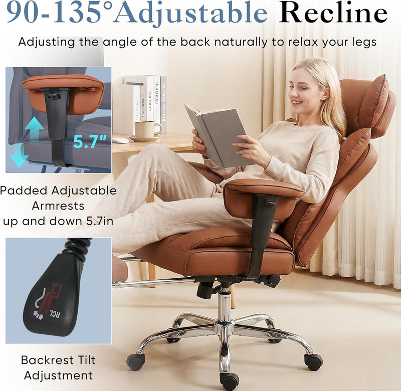 Big & Tall Ergonomic Gaming Chair with Footrest, Adjustable Armrests, Brown PU gallery