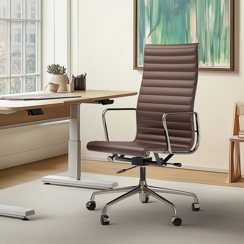 High Mid Back Ribbed Office Chair Genuine Leather Executive Seat Sviwel Armchair gallery