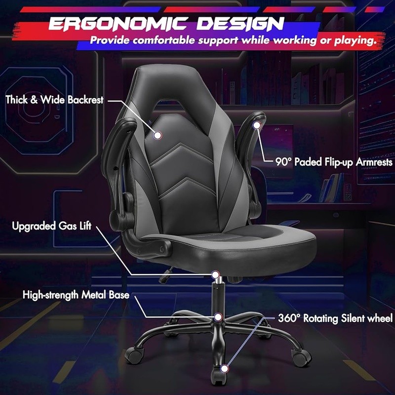 Adjustable Gaming Chair PU Leather Ergonomic W/ Flip-Up Armrests Durable Design gallery