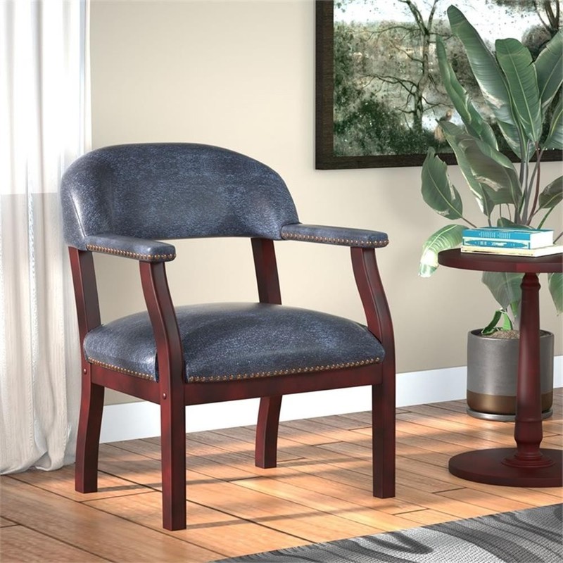 Pemberly Row Contemporary Captains Chair in Blue and Mahogany gallery