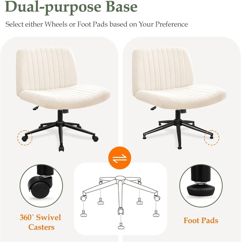 Wide Seat Office Chair Armless Beige Fabric Adjustable for Home Computer Use gallery