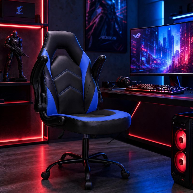 Computer Video Game Desk Chair - Ergonomic Comfy Lumbar , PU Leather with Fli... gallery