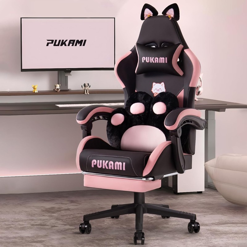 Pink Gaming Chair Cute W/ Cat Ears & Cat Paw Lumbar Cushion Ergonomic Computer gallery