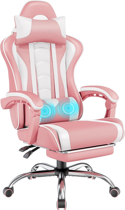 Ergonomic Pink/White Gaming Chair with Massage Support and Adjustable Footrest