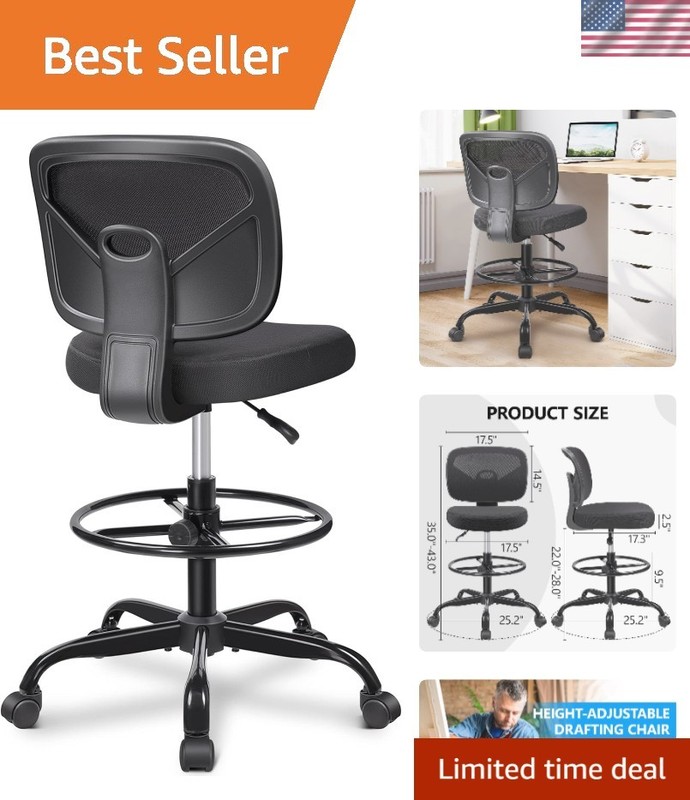Tall Drafting Desk Chair – Armless, Adjustable Height, Mesh Back, Rolling, St…