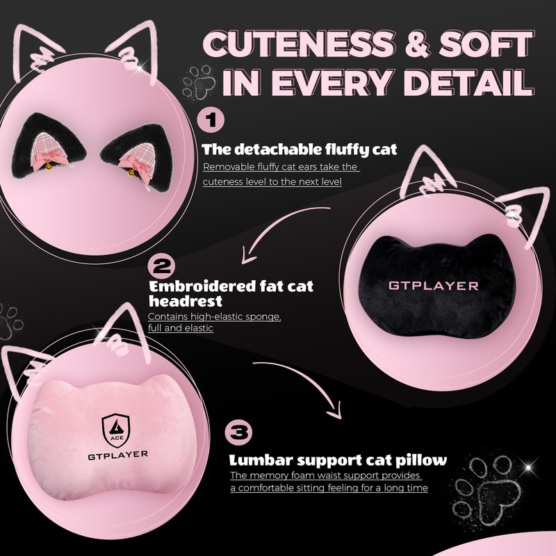 Pink Gaming Chair Cute with Cat Ears Ergonomic Computer Chair with Cat Embroider gallery