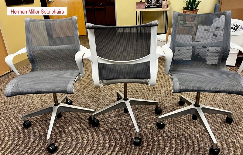 Herman Miller Setu with arms- Studio White- blue nylon fabric- Set of 3