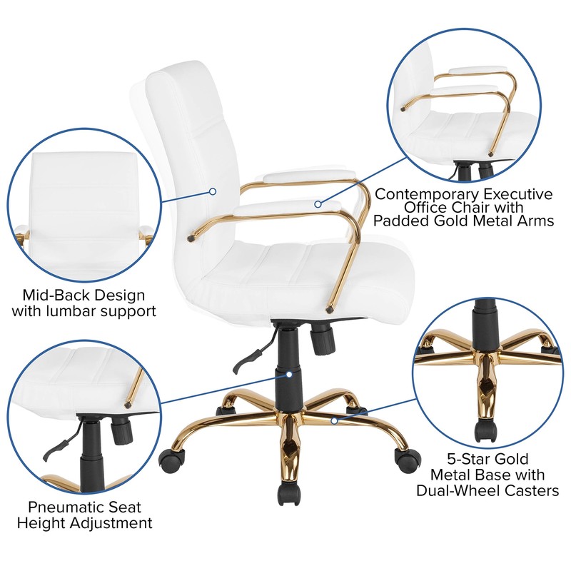 White LeatherSoft Mid Back Office Chair with Gold Frame and Padded Armrests gallery