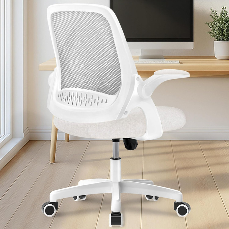 Silla ergonomica de oficina gamer color marfil de malla con soporte lumbar