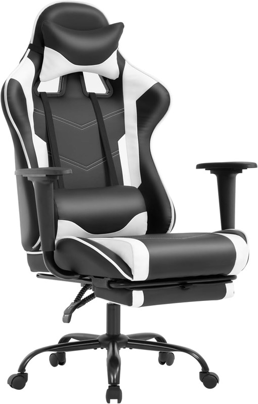 Ergonomic PU Leather Office Chair with Lumbar Support & Footrest (White)