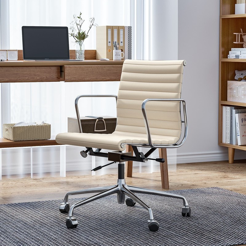 High Mid Back Ribbed Office Chair Genuine Leather Executive Seat Sviwel Armchair gallery