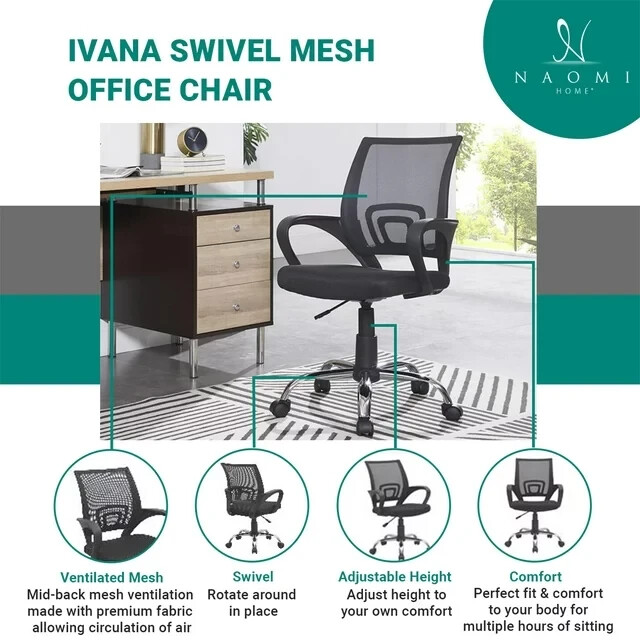 Naomi Home Adjustable Mid Back Mesh Swivel Office Chair with Armrests, Black gallery