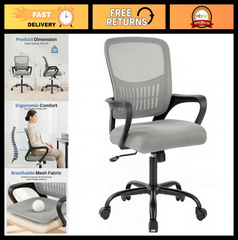 Ergonomic Mid Back Mesh Office Chair with Lumbar Support, Adjustable Height, 360