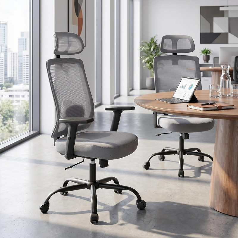 Set of 2 Ergonomic Mesh Office Chairs with Headrest and Flip-Up Arms, Grey gallery