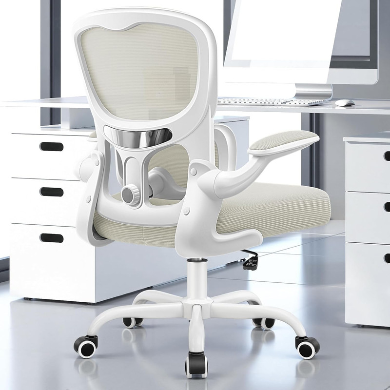 White Ergonomic Office Chair with Adjustable Lumbar Support and Flip-Up Armrests