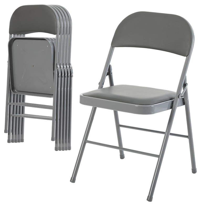 DUMOS 6 Pack Folding Chairs with Padded Cushion and Back – PU 6 Pack, Grey