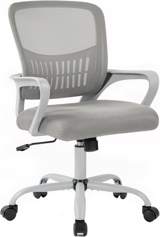 Height Adjustable Grey Mid-Back Desk Chair with 360° Swivel & Fixed Armrest