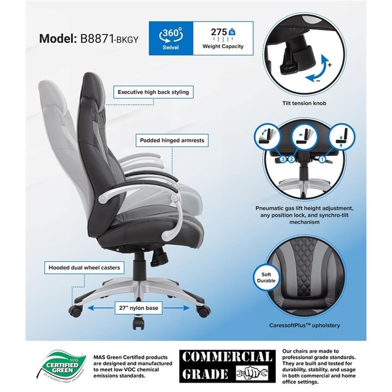 Boss Office Hinged Arm Vinyl Executive Chair in Black/Gray gallery