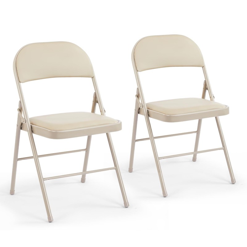 DUMOS 2 Pack Leather Padded Folding Chair, Indoor Outdoor 2 Pack, Kahki