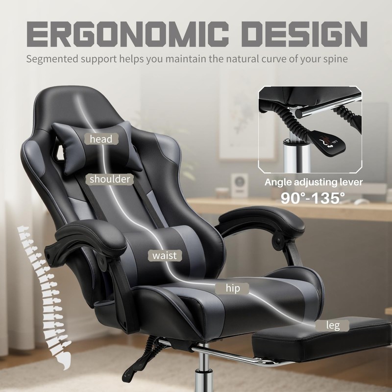 Ergonomic Gaming Office Desk Chair with Footrest and Headrest for Adults, PU ... gallery
