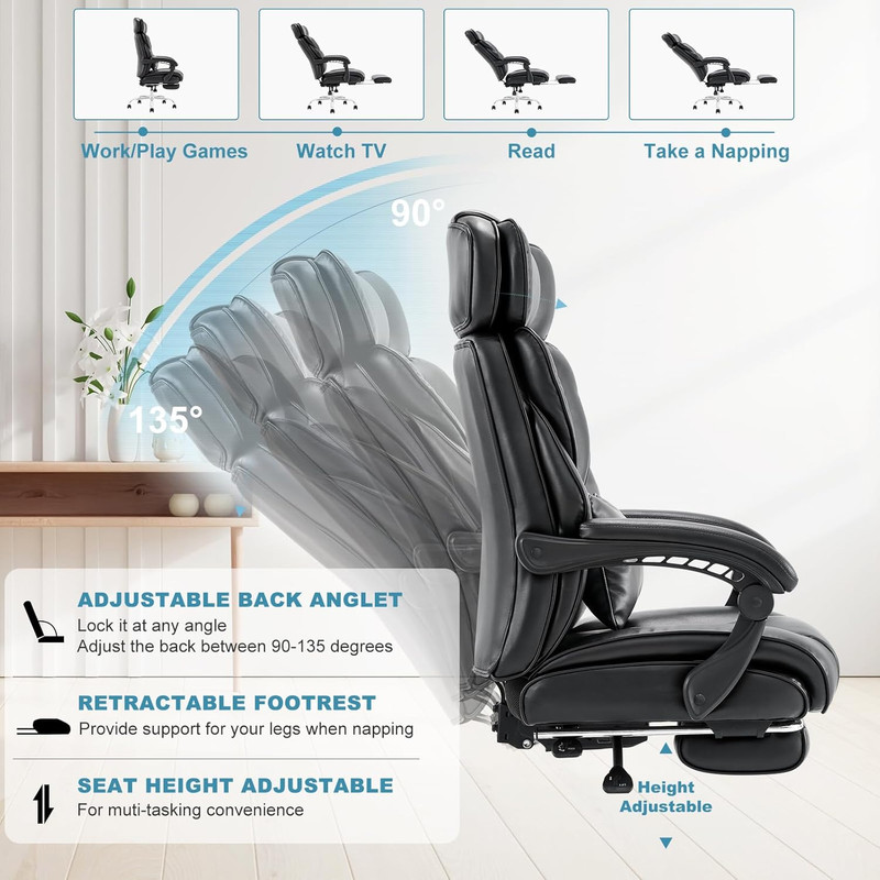 Ergonomic Office Chair with Footrest, Reclining High Back, Black Leather gallery