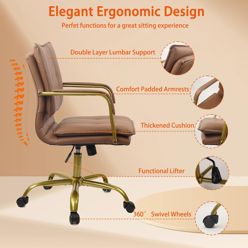 Leather Home Office Desk Chairs, Swivel Mid-Back Computer Chair with Golden Legs gallery