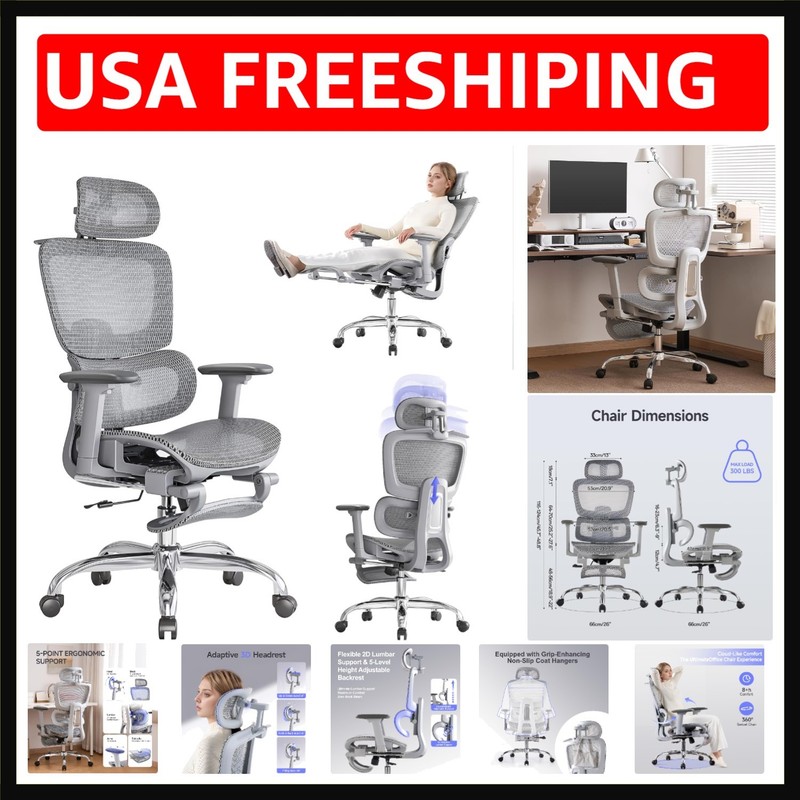 Office Chair with Footrest, Ergonomic Chair with 3D Headrest, Computer Chair wit